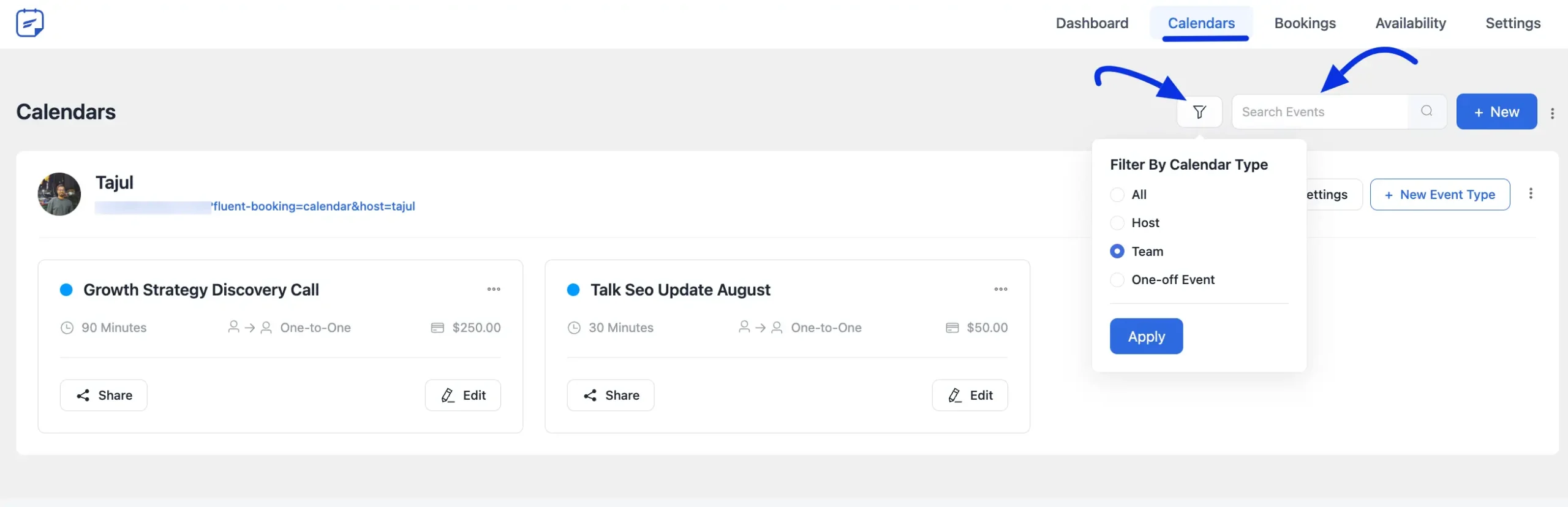 Calendar search and filter