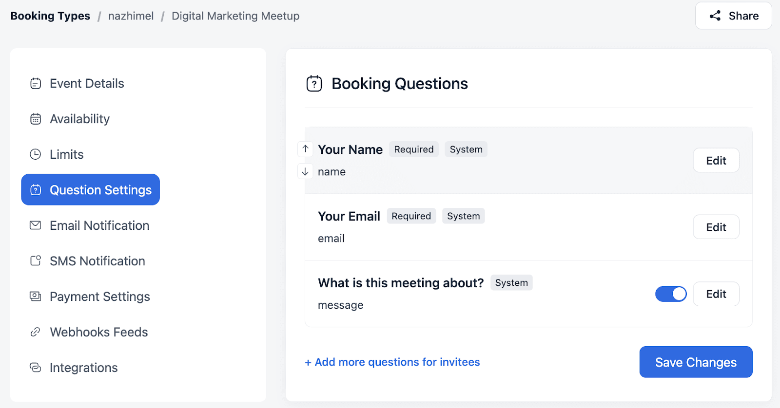 creating booking questions