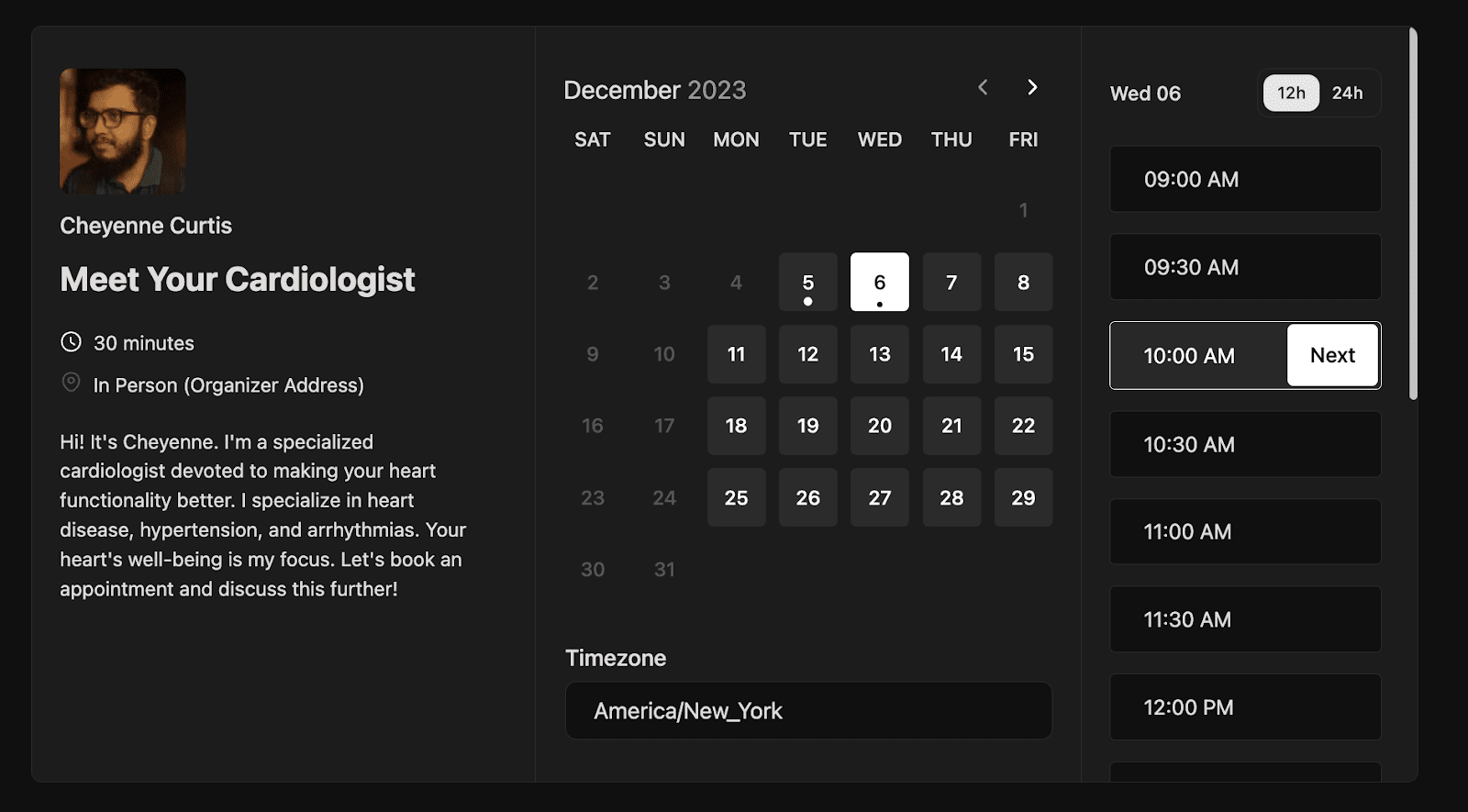 doctor appointment scheduling - live booking page