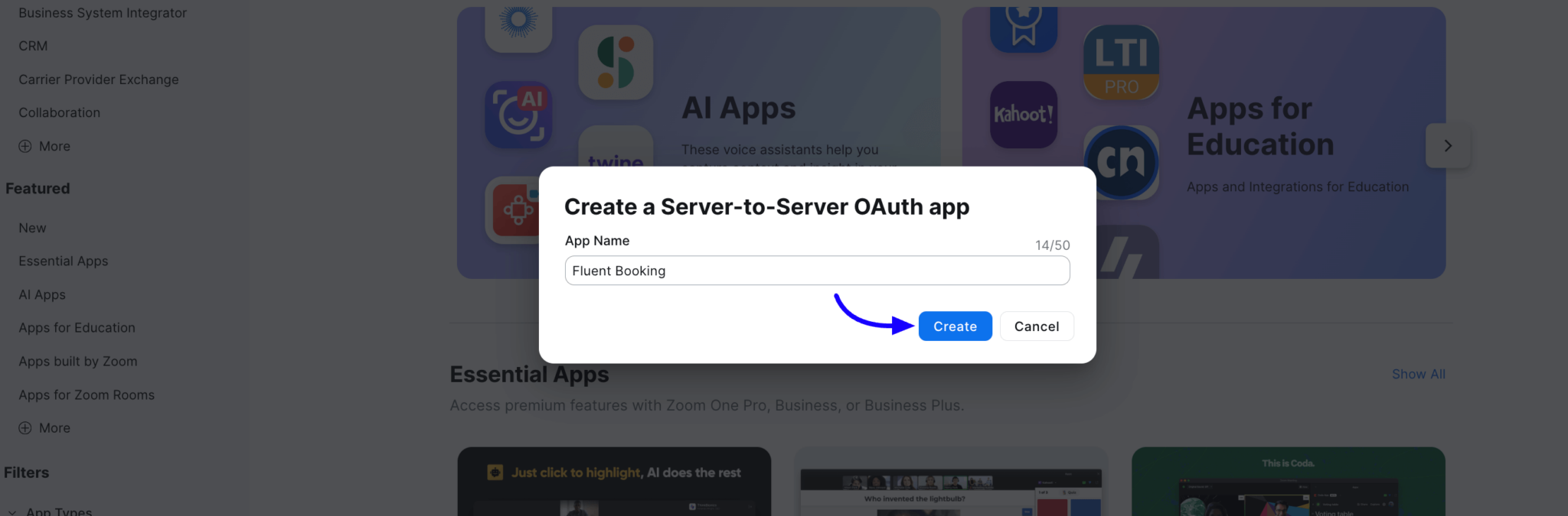 Give your 'app' a name. Since nobody will see this, something like "Booking" will suffice.
Then click 'Create'