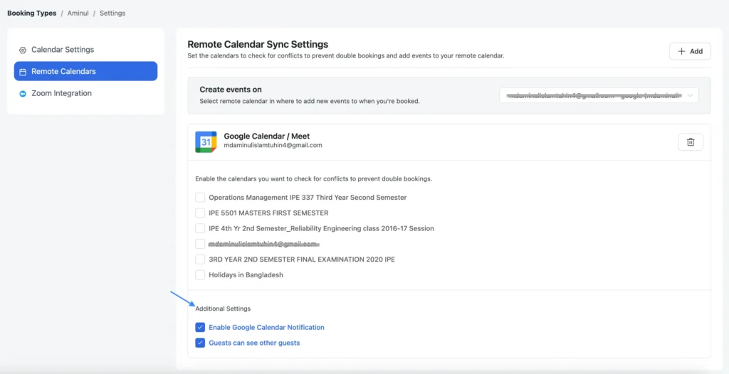 additional settings under google calendar settings