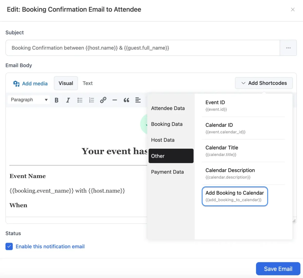 new shortcode add booking to calendar