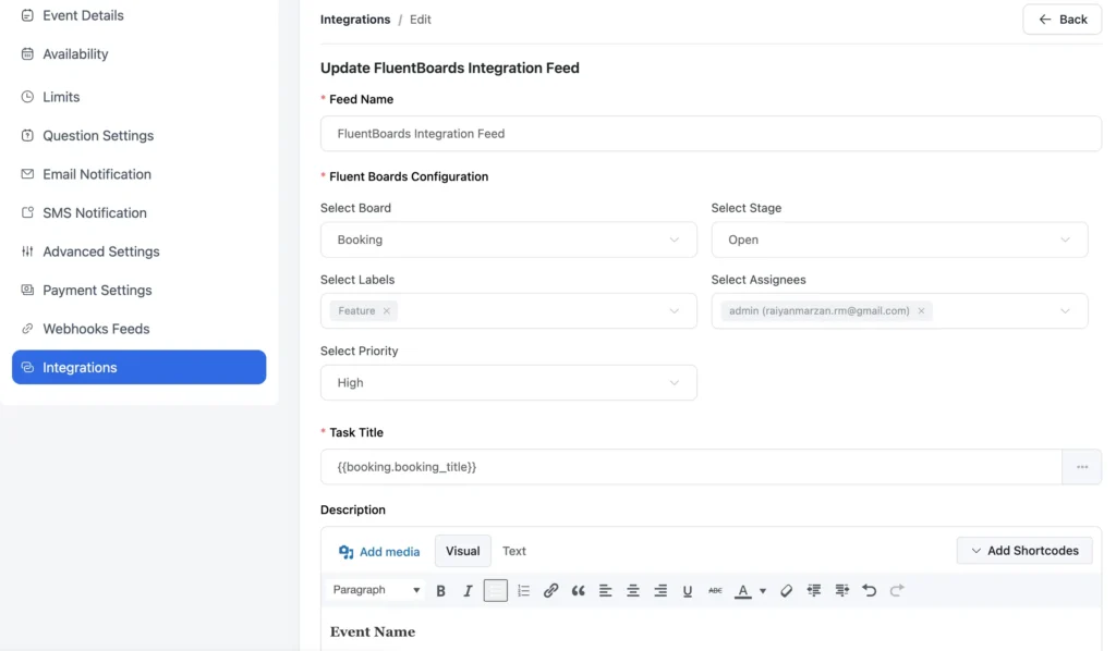 configure fluentboards integration feed in fluentbooking 