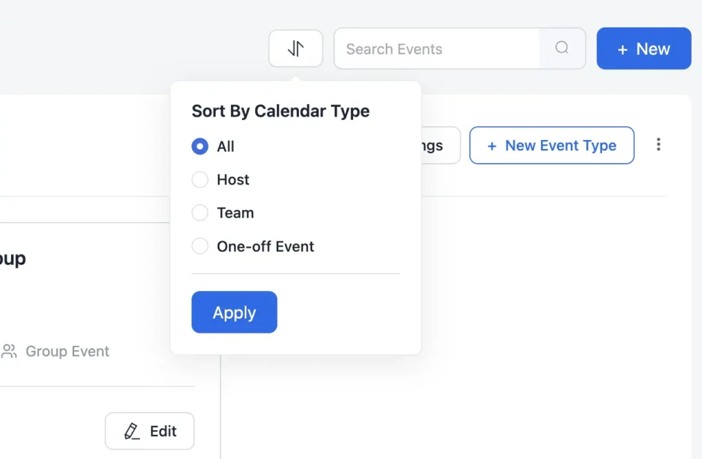 search event and sort calendar type