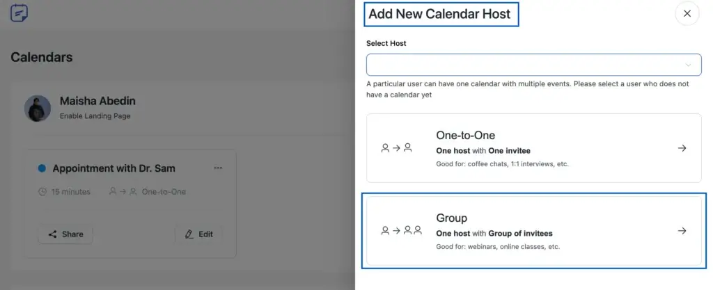 selecting a new host for a group availability calendar