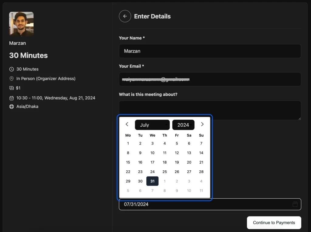 date picker option for date field in fluentbooking 