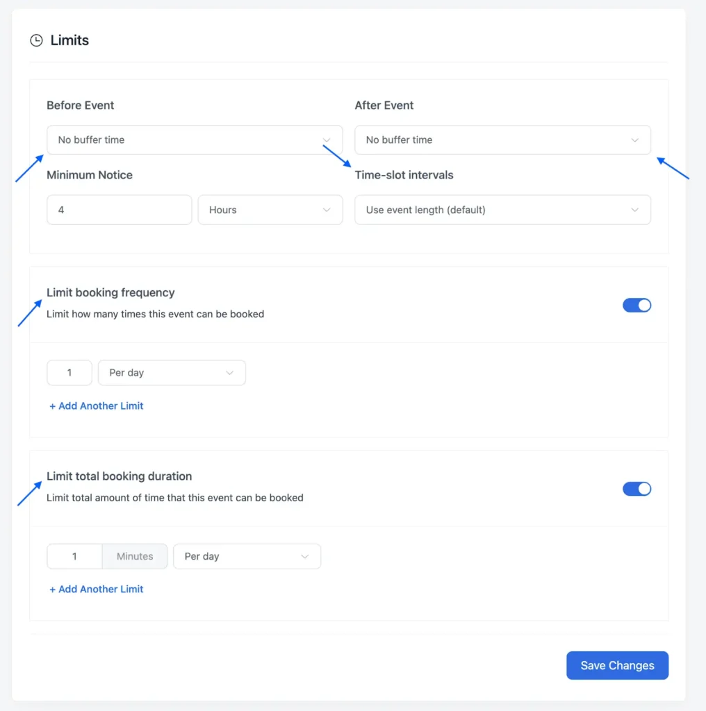 doctor appointment scheduling - limit booking frequency & duration with time slot intervals