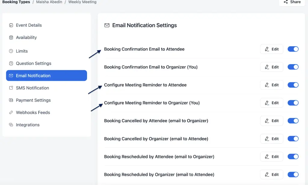 Email Notification Settings of FluentBooking