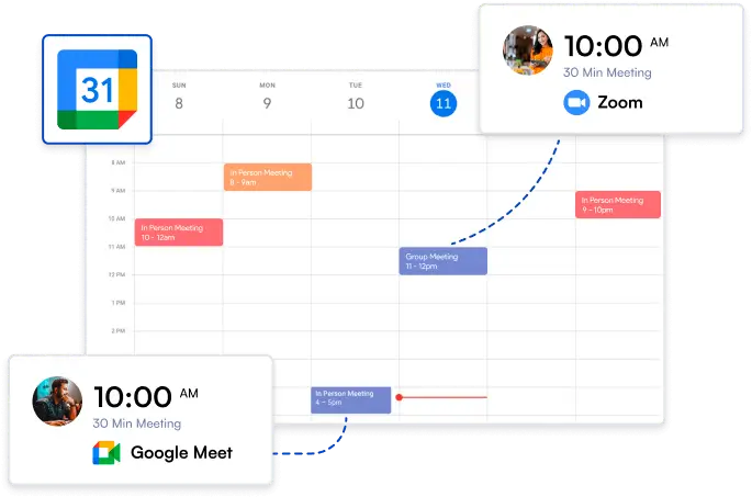 with fluentbooking set your group meeting on zoom or google meet and sync it with your google calendar