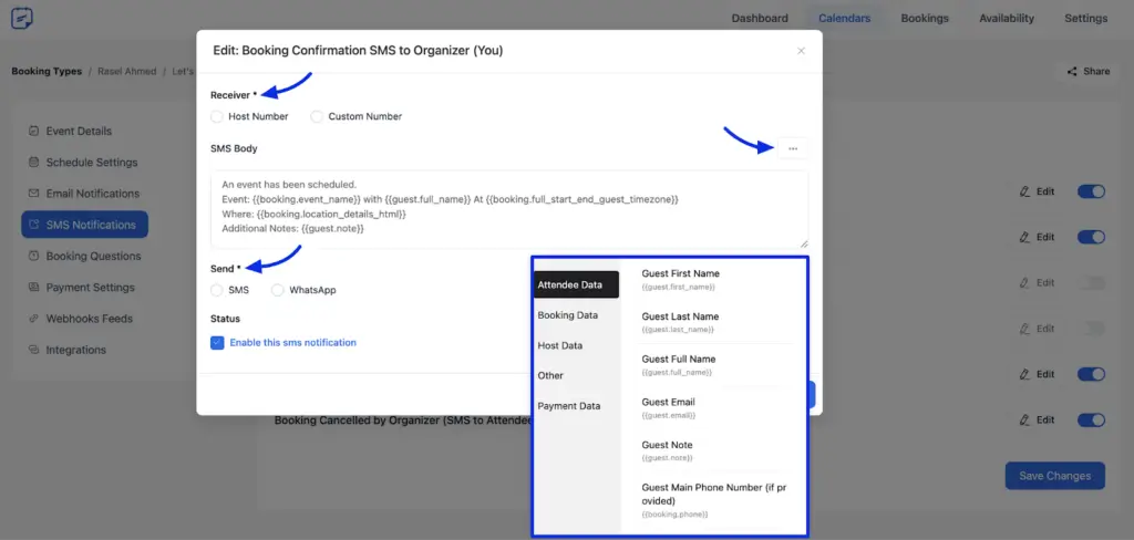 FluentBooking Confirmation SMS to Organiser