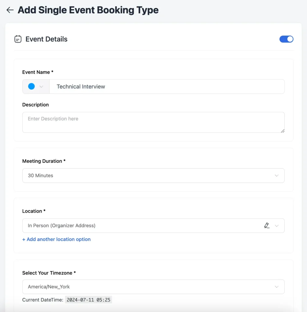 set event details for single event booking