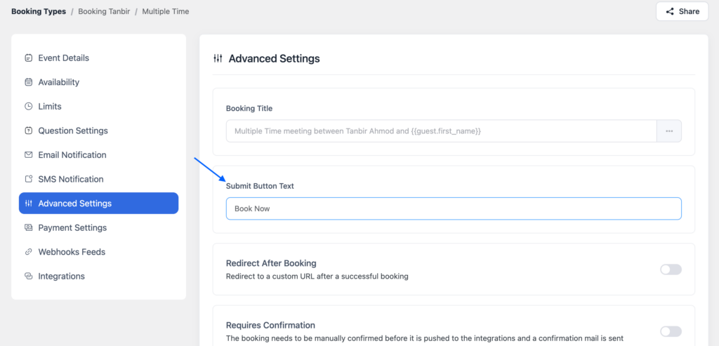 set submit button text in fluentbooking