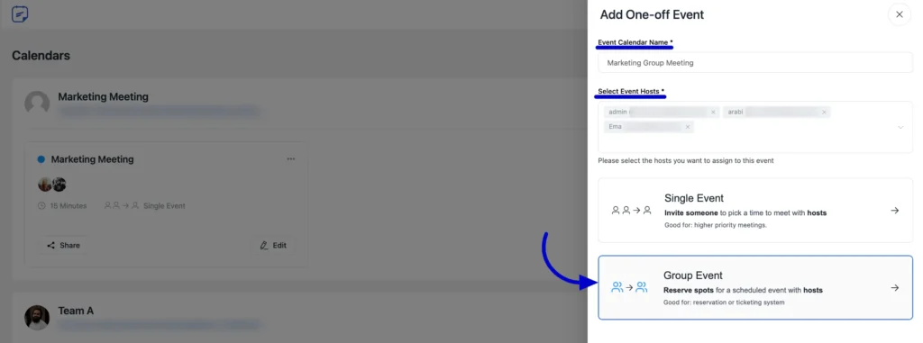 setup one-off group event