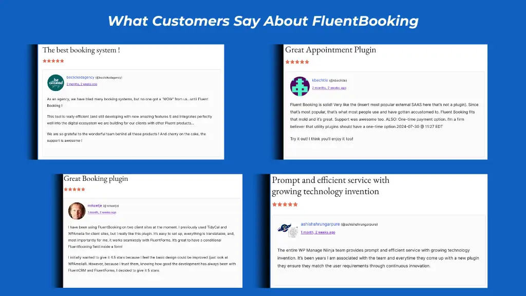 customer testimonials of fluentbooking 