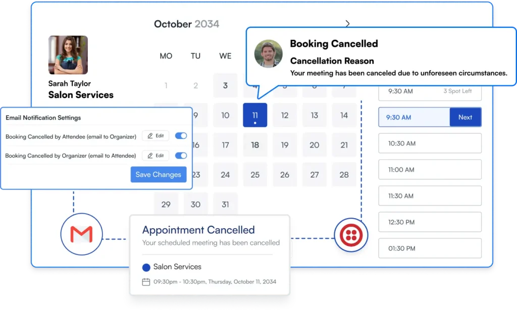 fluentbooking automated appointment cancellation email and SMS to host and attendee