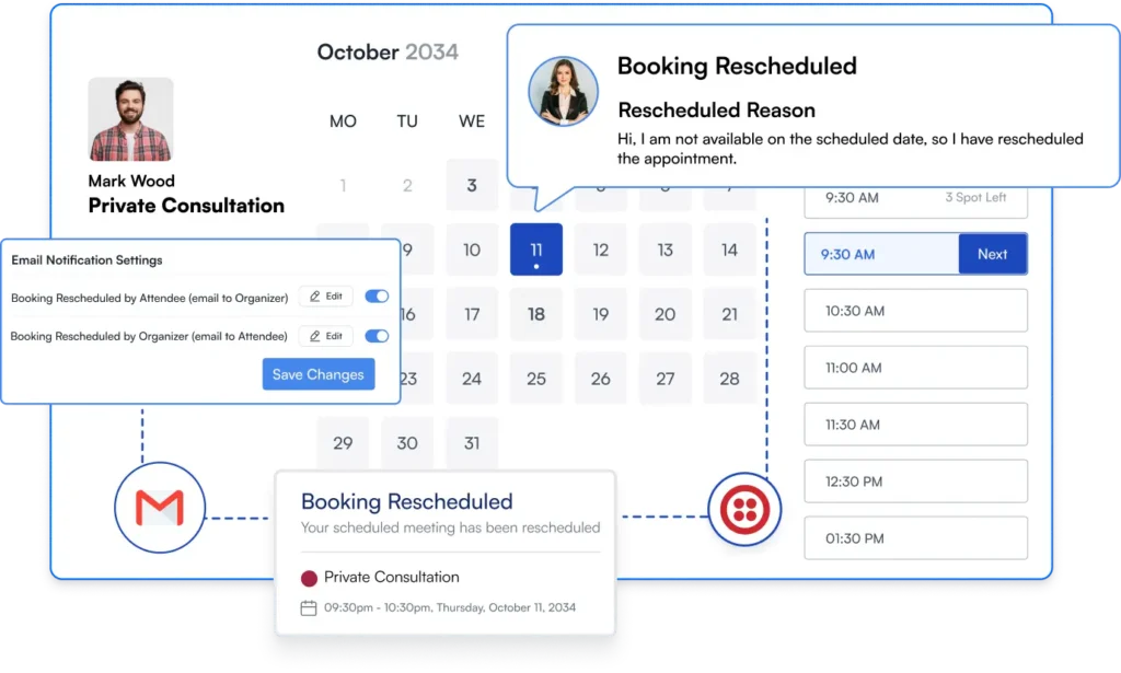 fluentbooking automated appointment reschedule email and SMS to host and attendee