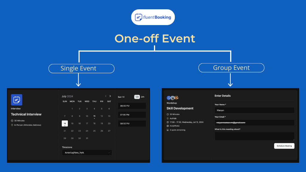 fluentbooking one-off event: single+group event feature  