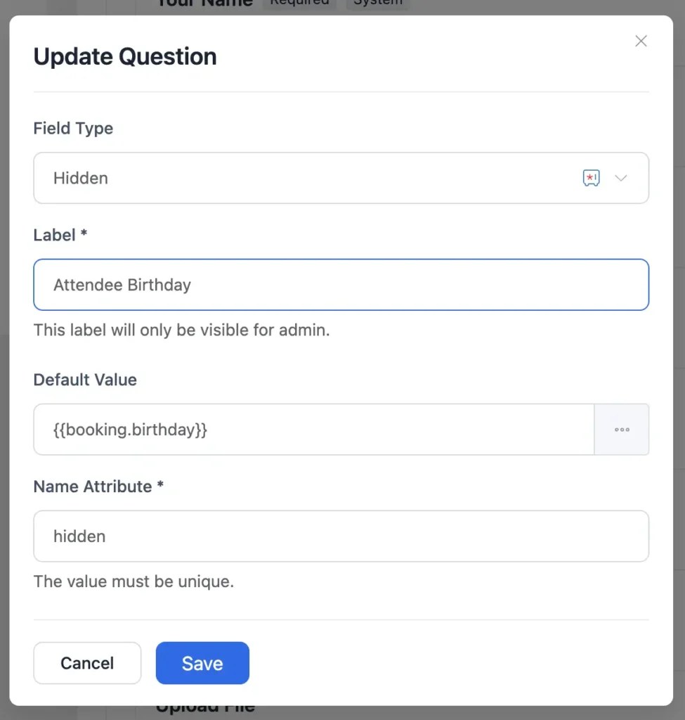 hidden field configuration in fluentbooking 