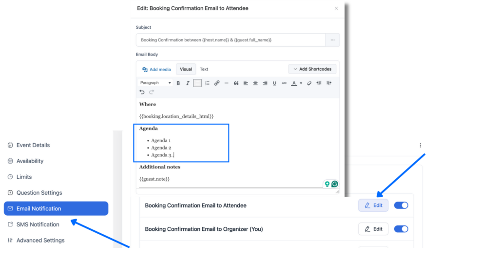 adding meeting agenda in email