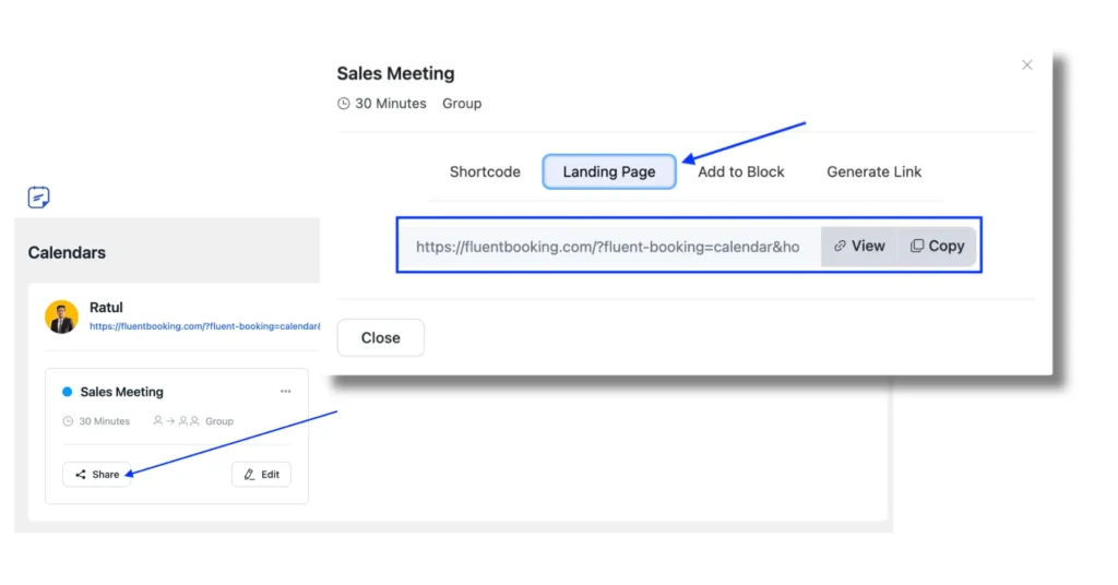 sharing booking page link