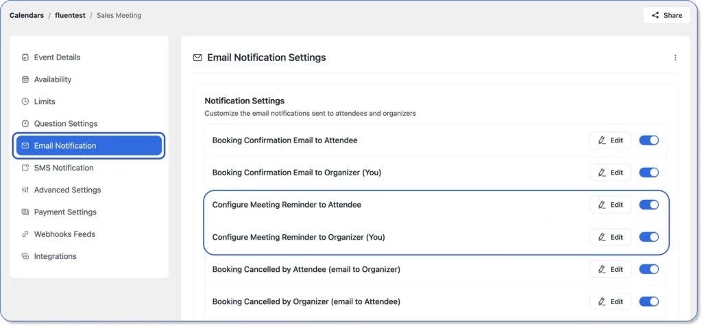 enable meeting reminder email notification