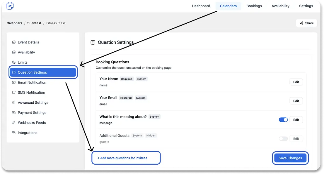 question setting in fluentbooking
