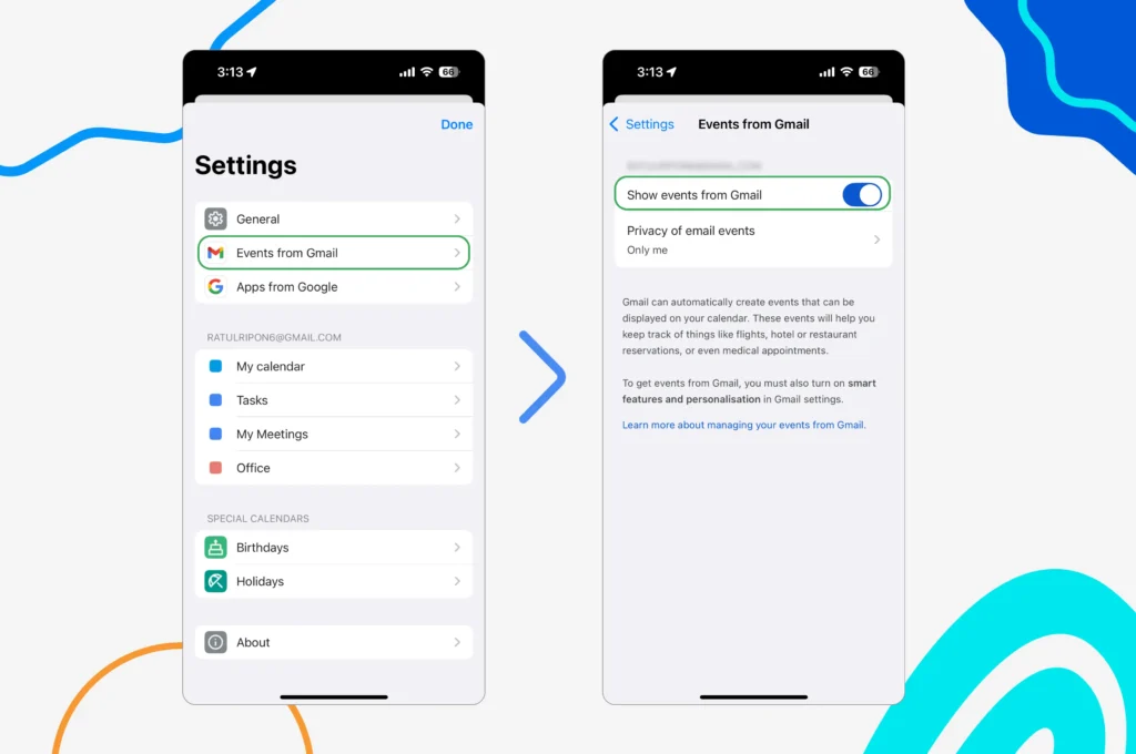 Enable 'Show Events from Gmail' in iphone Google Calendar App
