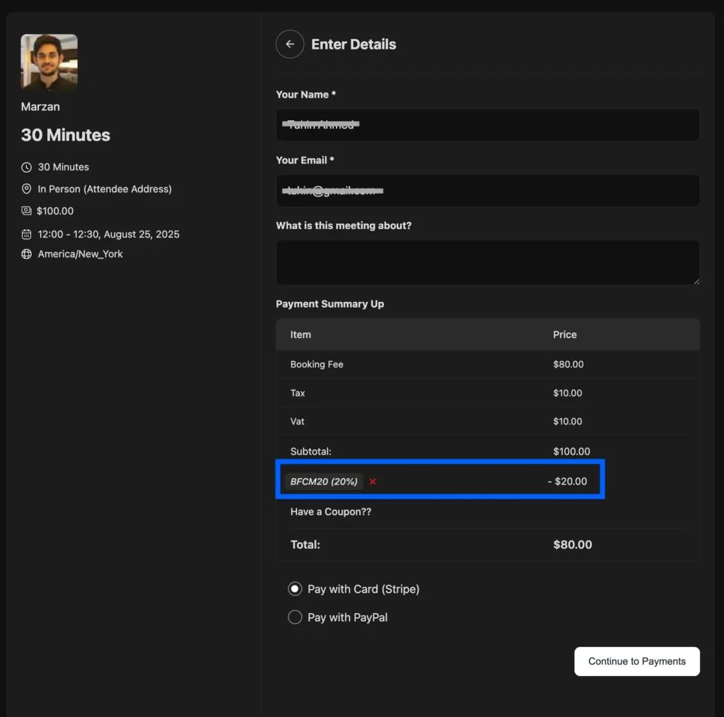 coupon code applied in the booking form