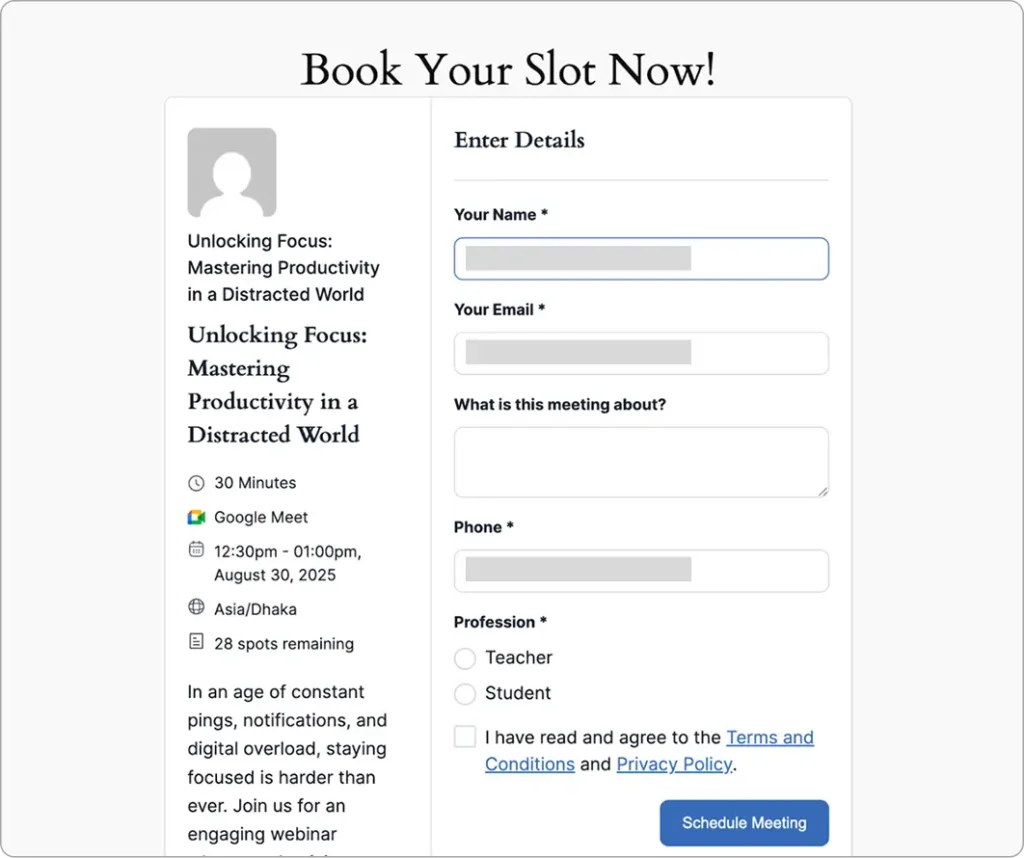 webinar booking calendar in webpage