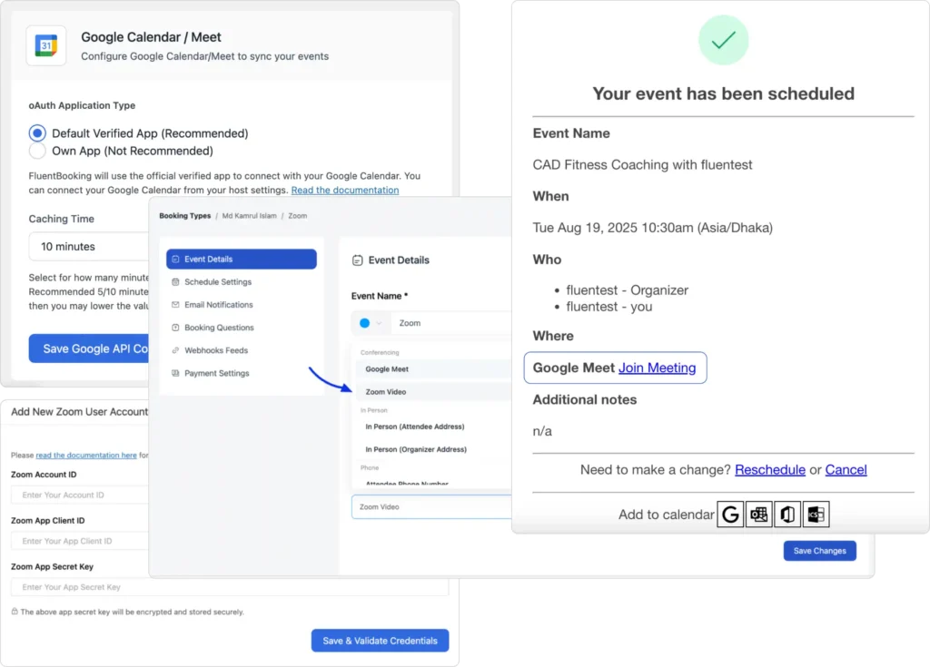 Virtual meeting Integration of fluentbooking with Zoom and google meet