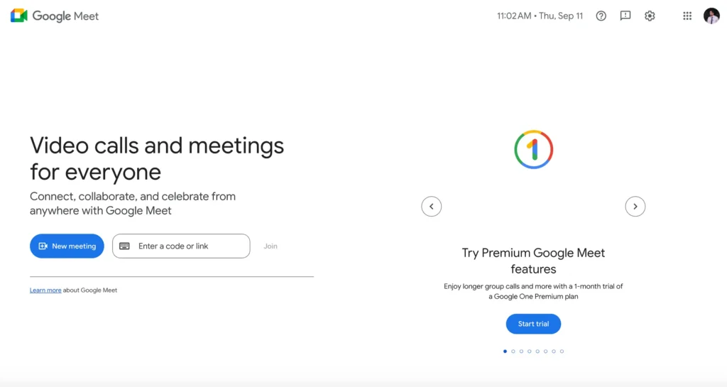 Google meet homepage