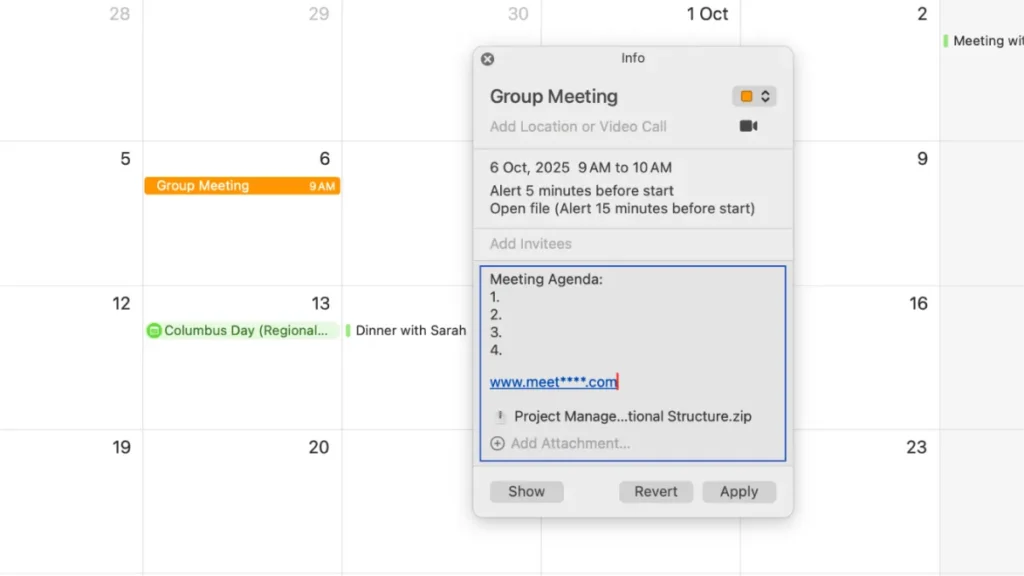 Attach Notes or Links to Events in apple calendar
