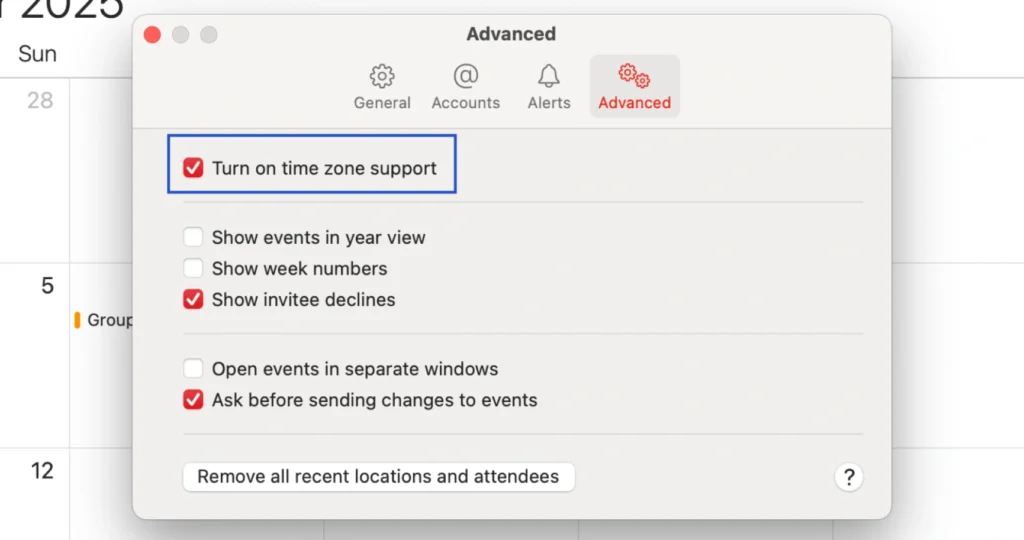 Apple calendar tips: Enable Time Zone Support for mac