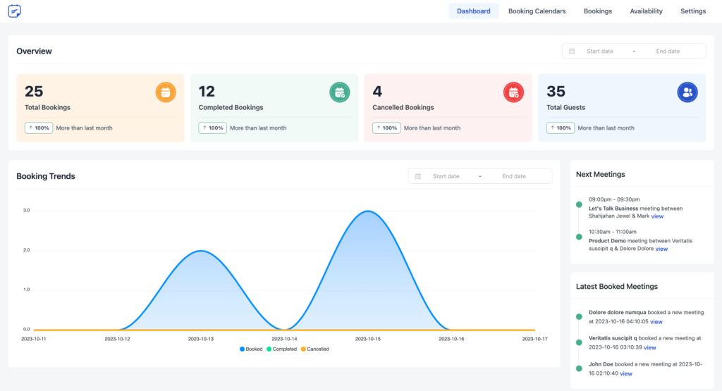 fluentbooking dashboard