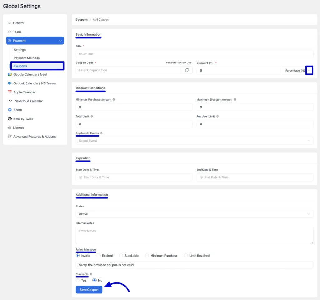 creating Coupon Code with fluentbooking