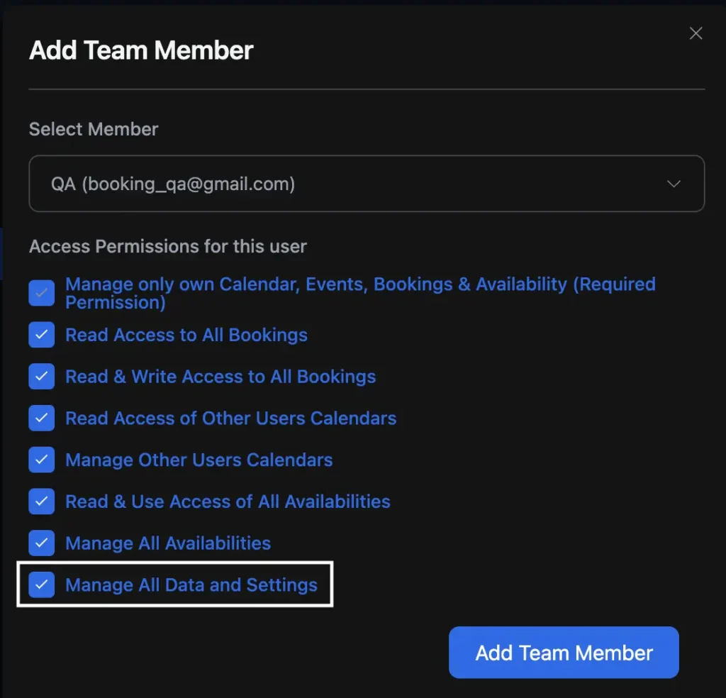 Give Manage All Data and Settings to Team Member