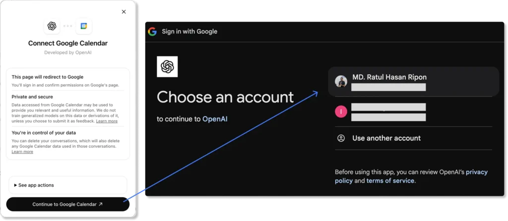 Connect Google Calendar with chatgpt signin