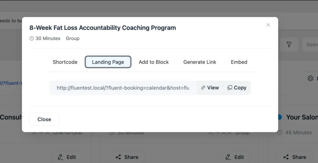 embed or share booking link