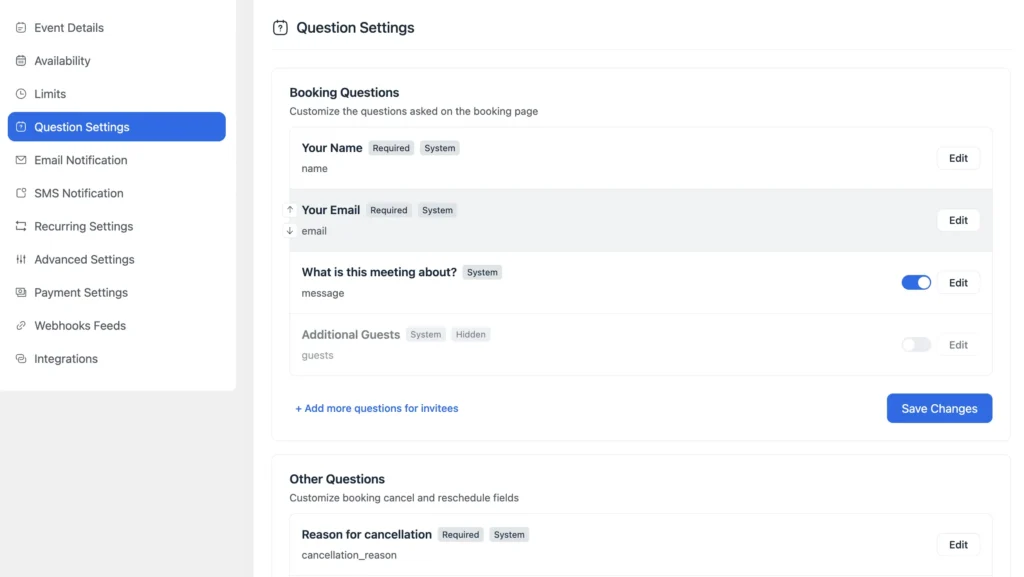 booking question setting