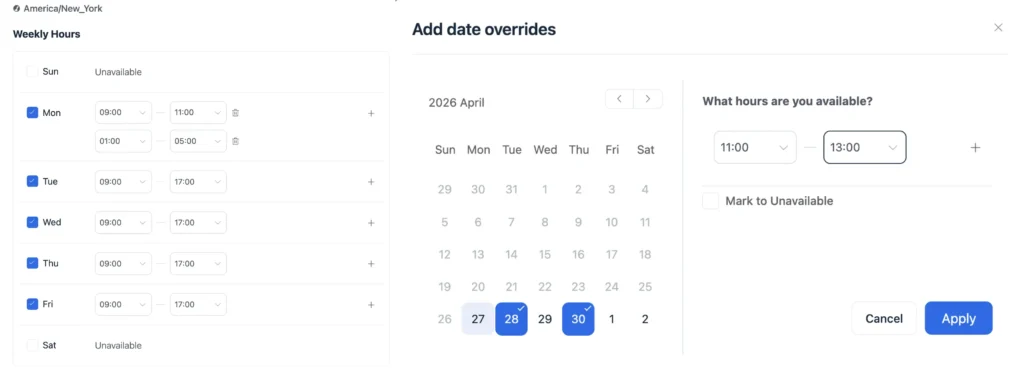 set weekly class schedule with date overrides 
