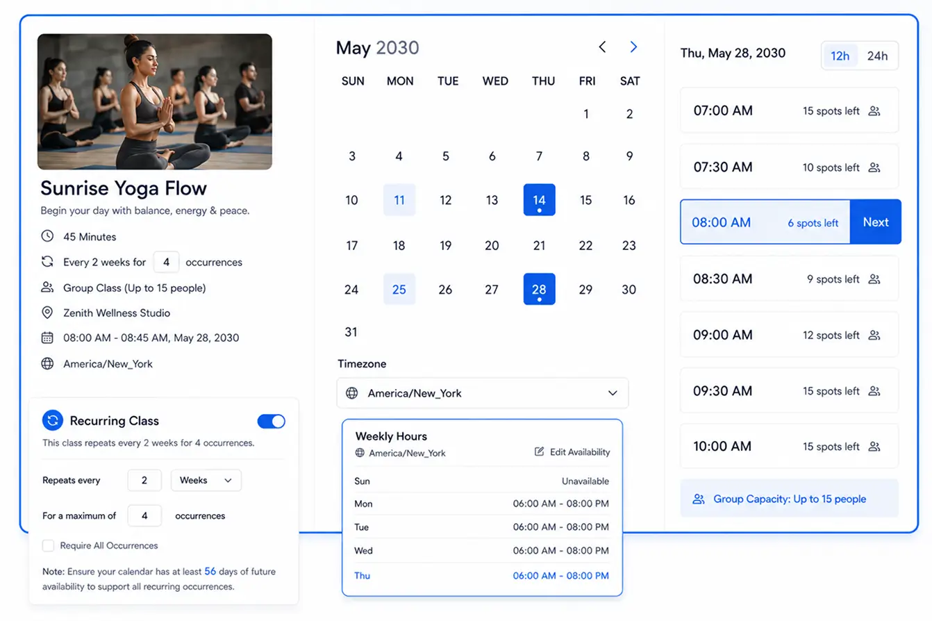 schedule one-on-one or group recurring fitness classes 