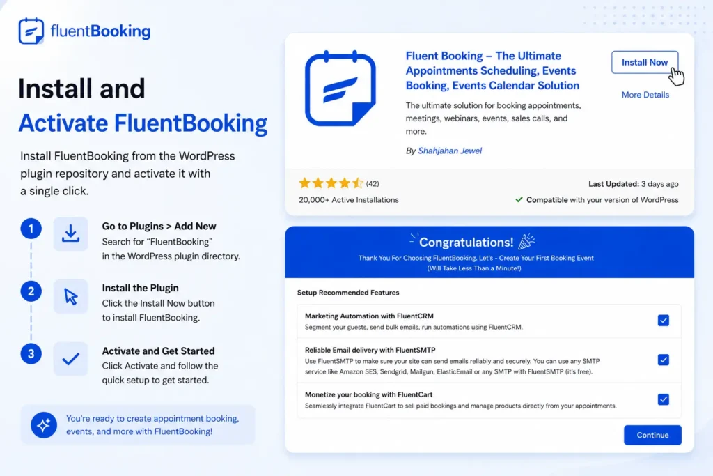 install and activate fluentbooking in your wordpress website