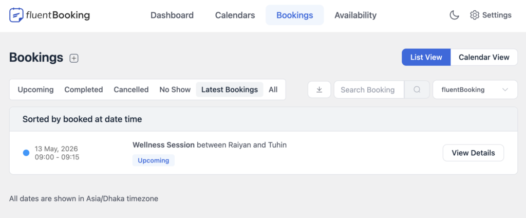 Bookings list filter bar with Author + Status filters applied