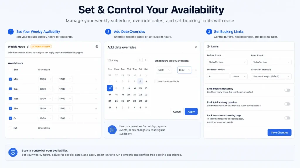 set the availability, add date overrides, and adjut booking controls for your discovery meetings