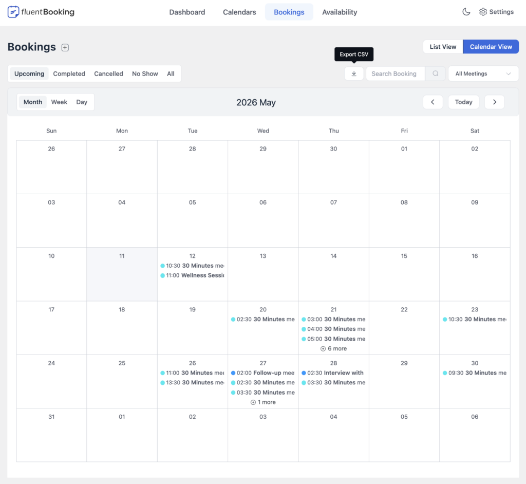 Bookings Calendar view with new Export CSV button