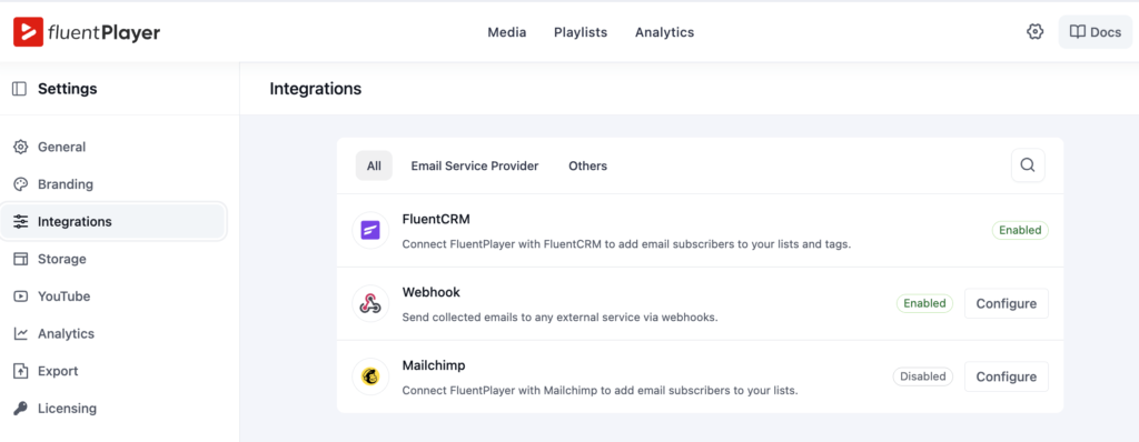 FluentPlayer integrations