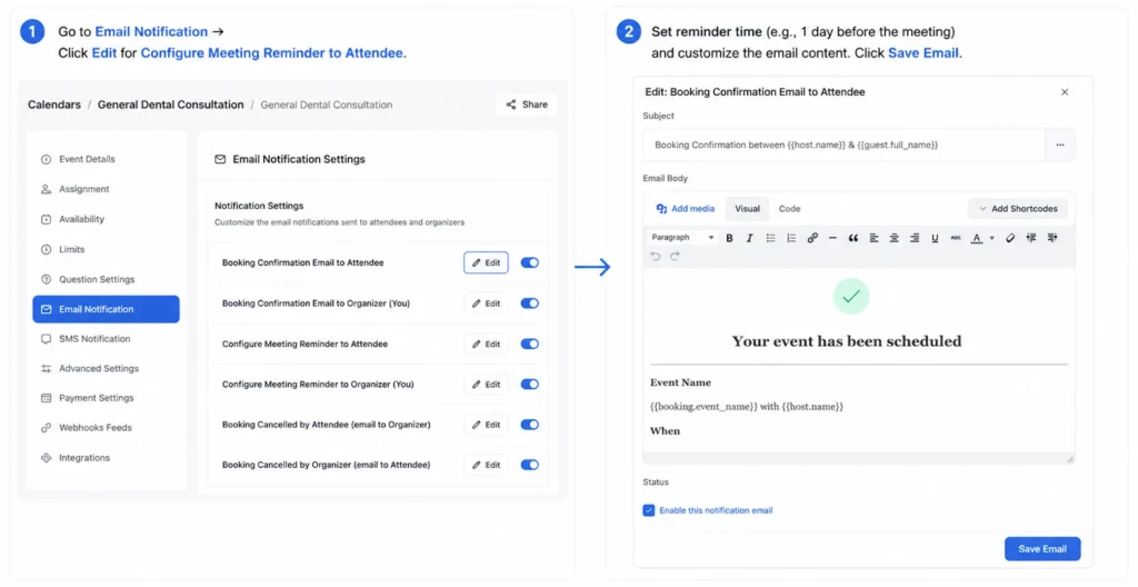 Reminders and Confirmations configuration