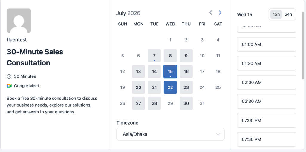 Test the Booking slots