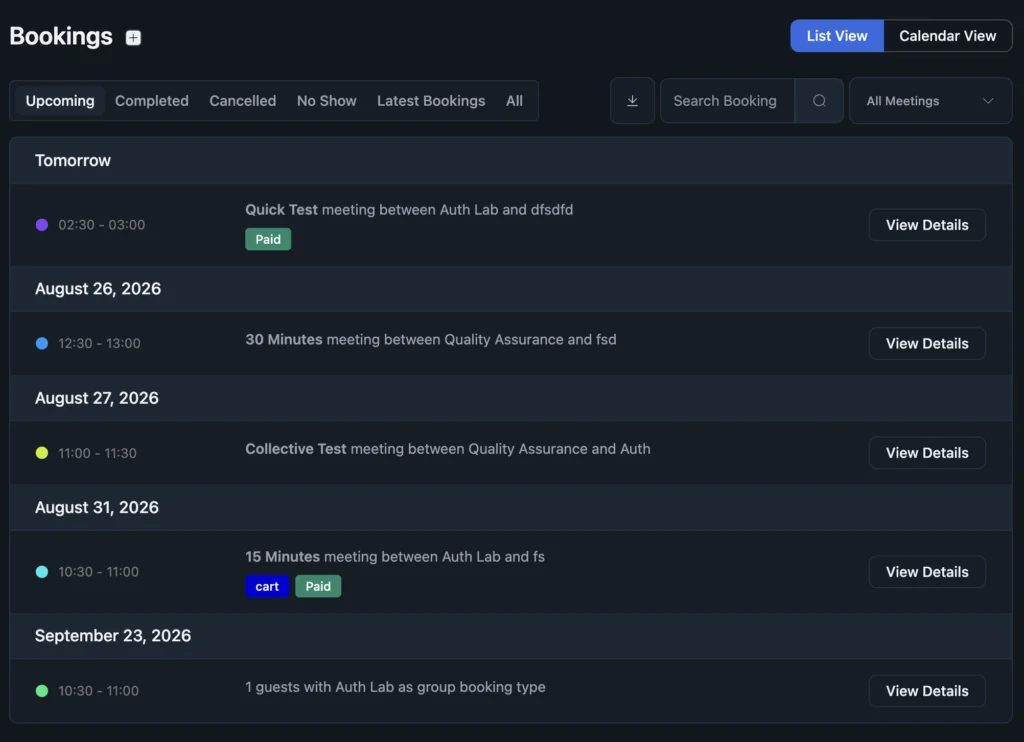 FluentBooking bookings list in dark mode, showing the updated color palette and distinct status badges