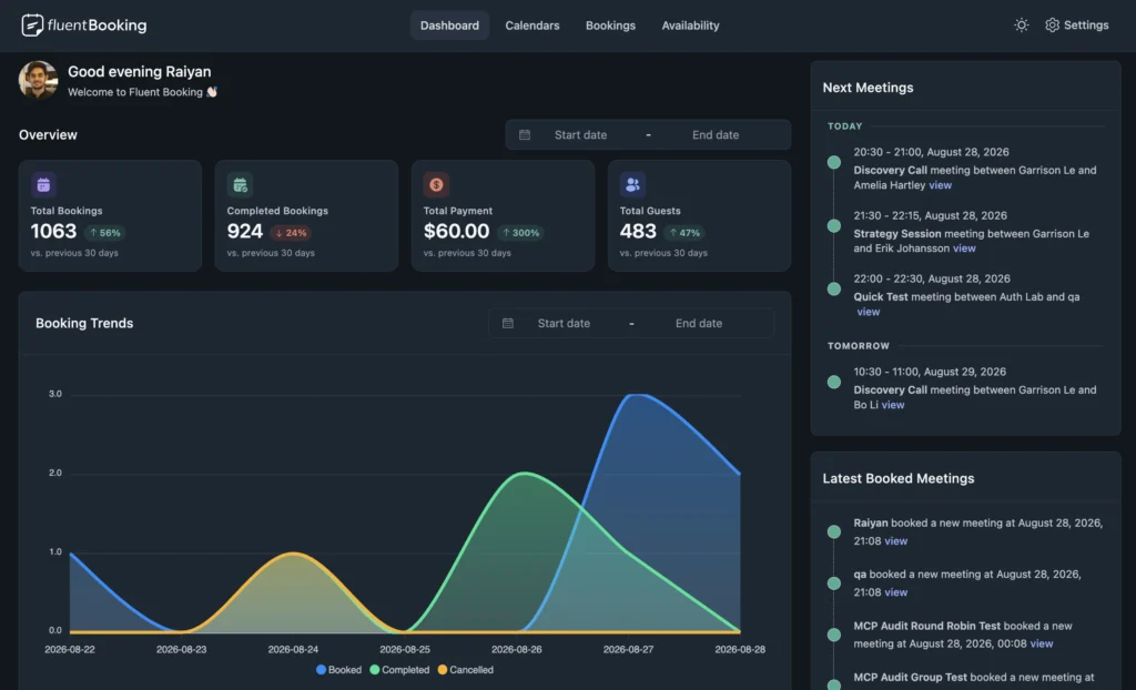 FluentBooking running in dark mode after the fix, with panels, tables, and notices all using the dark palette